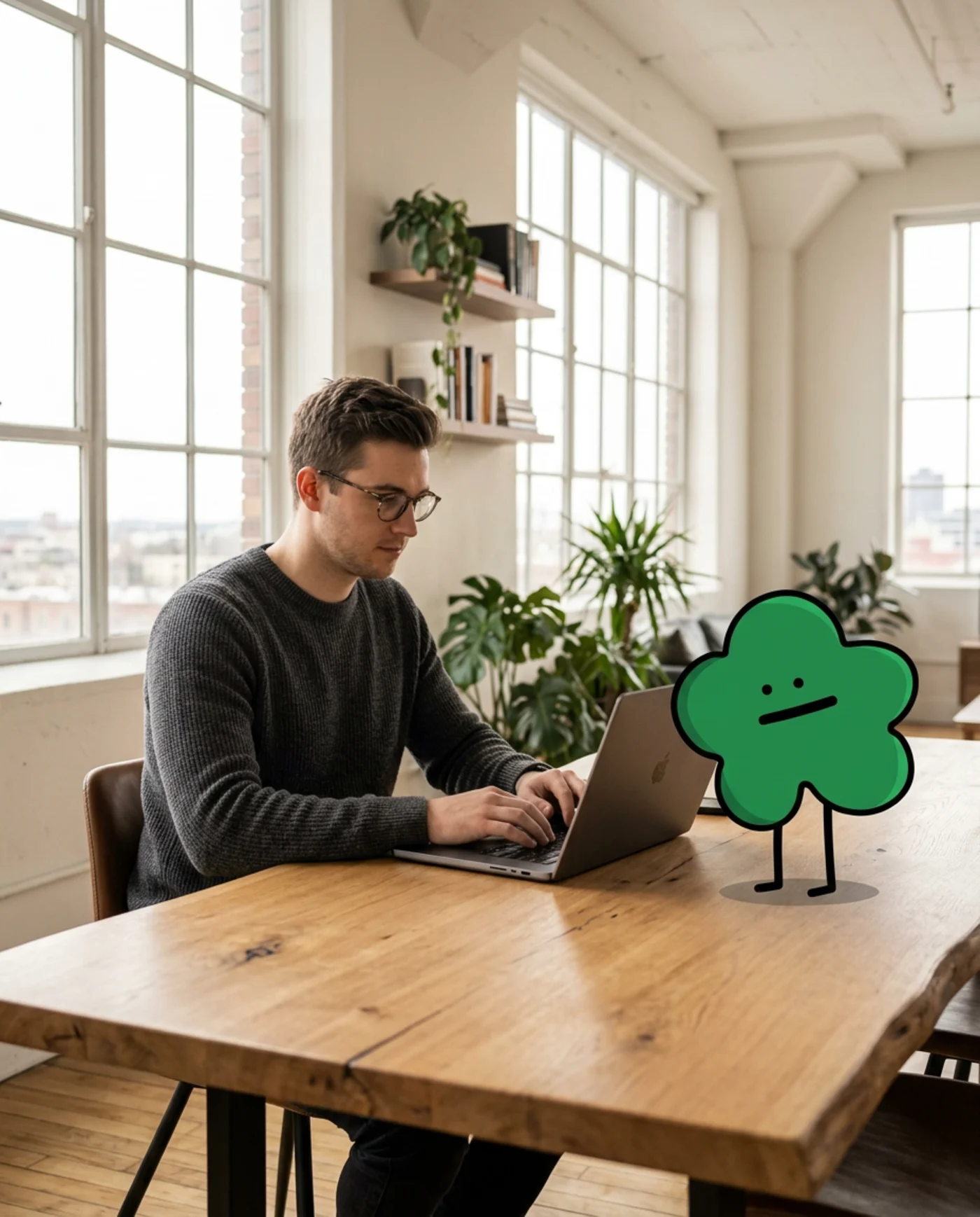 Founder working with Puffy on the desk