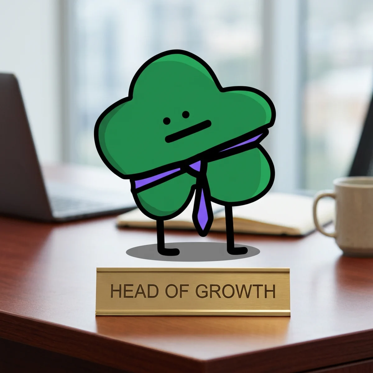 Puffy behind his HEAD OF GROWTH nameplate