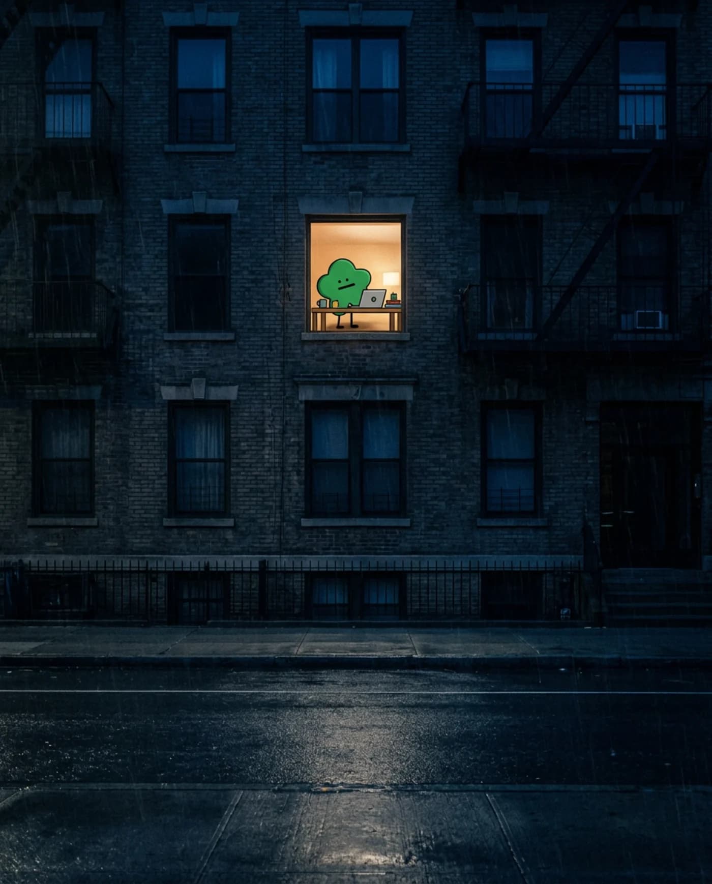 One lit window: Puffy working while the city sleeps
